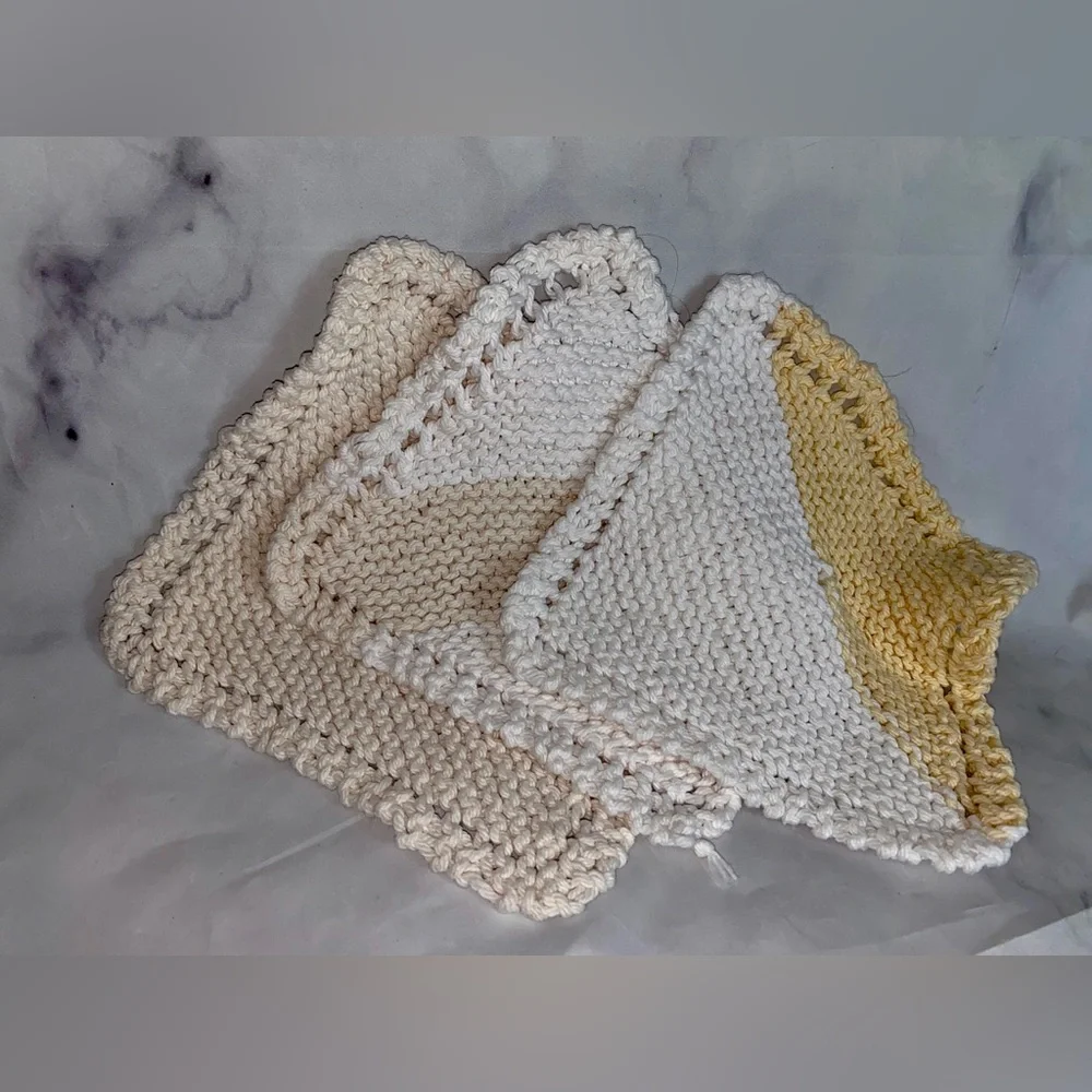 3 Vintage Hand Knit Washcloths Dish Rag ⚡️